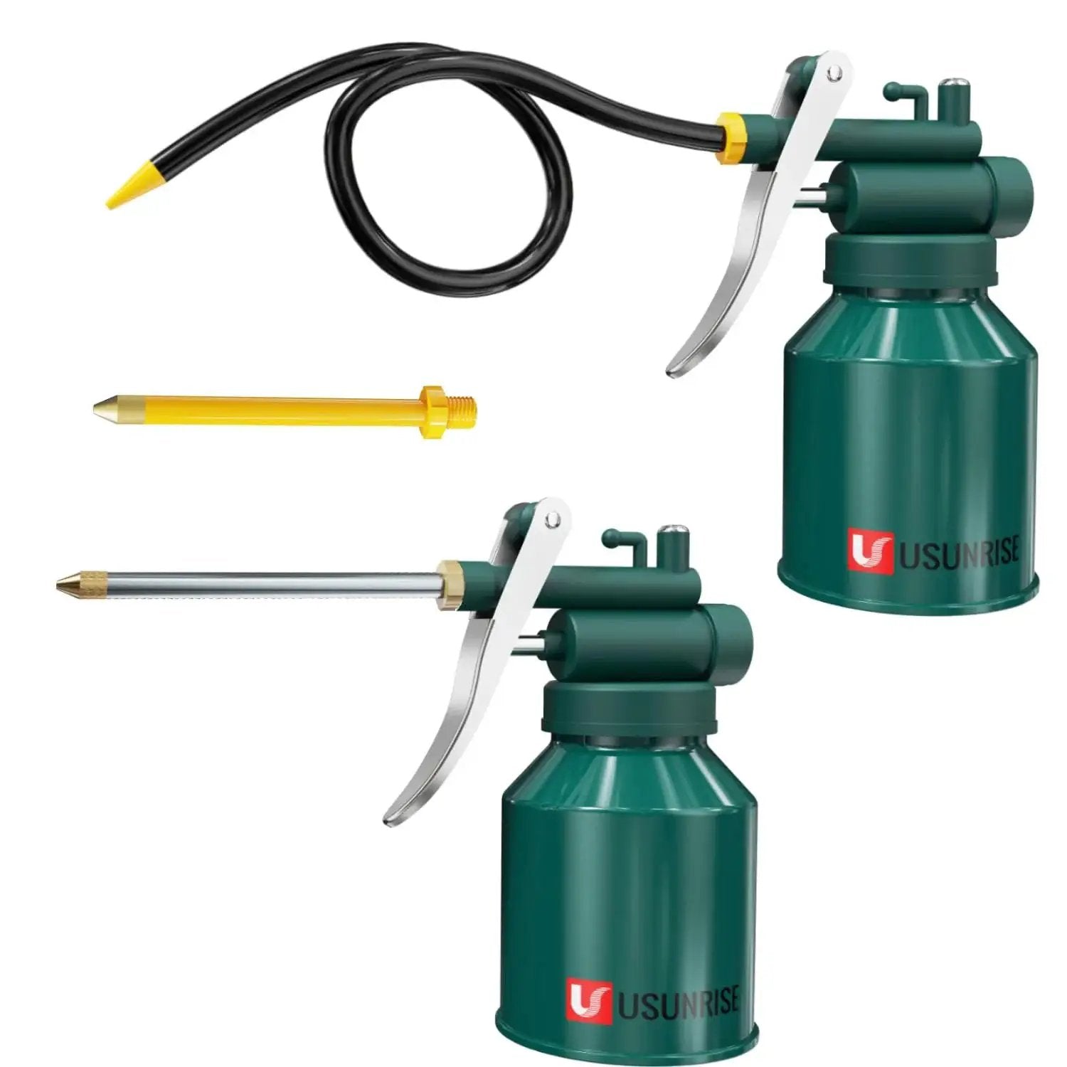 Green Metal Oil Can Set With Two Complete Sets Of Spouts For Precision Oiling Of Machinery And Automotive Parts Includes A 9 Inch Flexible Spout And 3 Inch Straight Spouts One Yellow Spout Zinc Plated Nozzles And A Durable Epoxy Finish