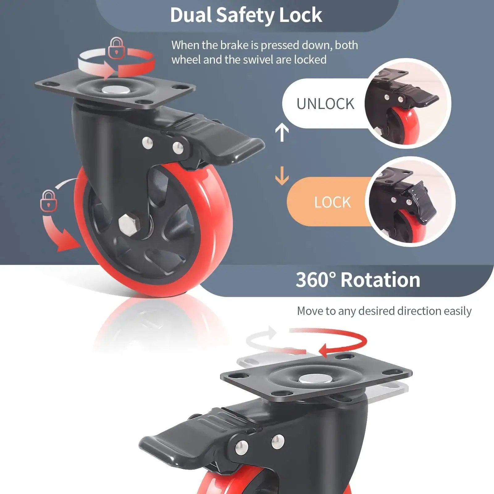 Heavy Duty Beefed Up 5 Inch Caster Wheels With Brake Set Of 4 Dual Locking Industrial Casters With dual safety lock mechanism