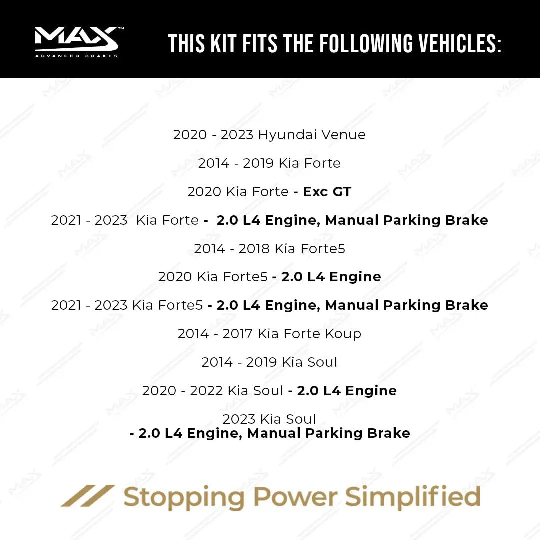List of compatible vehicles for Rear Brake Kit With Carbon Ceramic Rotors For 2011-2020 Hyundai Elantra, 2014-2023 Kia Forte And 2014-2023 Kia Soul.