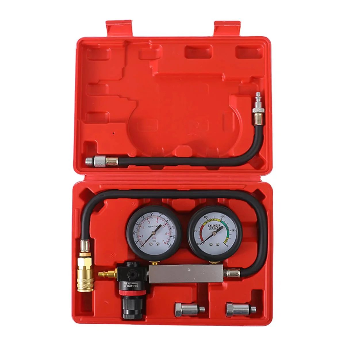 Cylinder Leak Down Tester Kit For Cars, Trucks And Motorcycles With Dual Gauge TU-21 in red case, open view