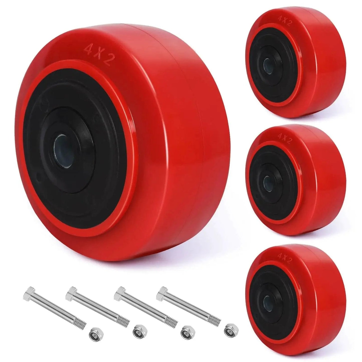 4 Inch Industrial Casters Set Of 4 With Polyurethane On Polyolefin Core Wheels And Double Roller Bearings shown with hardware