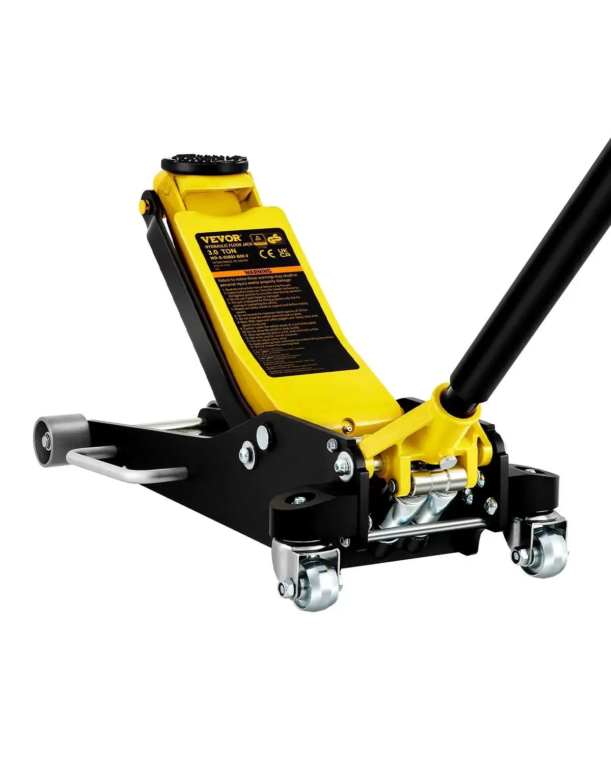 Side view of a Low Profile 3 Ton Racing Floor Jack With Dual Pistons Aluminum Steel Quick Lift showing its compact design and dual pistons.