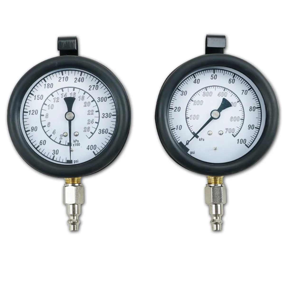 Two gauges from Engine And Transmission Oil Pressure Test Kit With 14 Thread Adapters 72 Inch Hose And Dual Gauges Up To 400 PSI