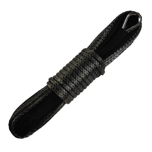 Heavy Duty Beefy Synthetic Winch Line Rope Quarter Inch By Fifty Feet 10000 Pound Capacity With Black Protective Sleeve For ATV UTV Winches Trucks And Boats Gray close-up of rope with protective sleeve