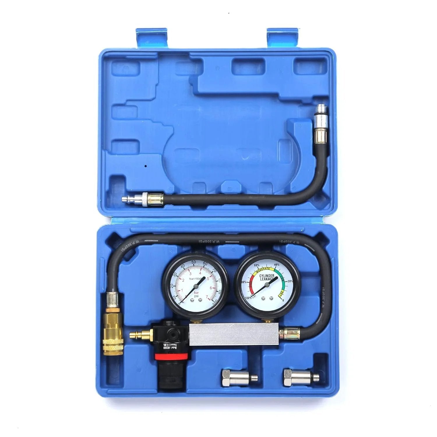 Engine Cylinder Leak Down Tester Kit For Cars, Trucks And Motorcycles, Pro Grade Automotive Compression Leakage Test Tool With Easy Air Compressor Hookup, Blue TU-21 By Gnhydxfe in open blue plastic case with dual gauges and hoses.