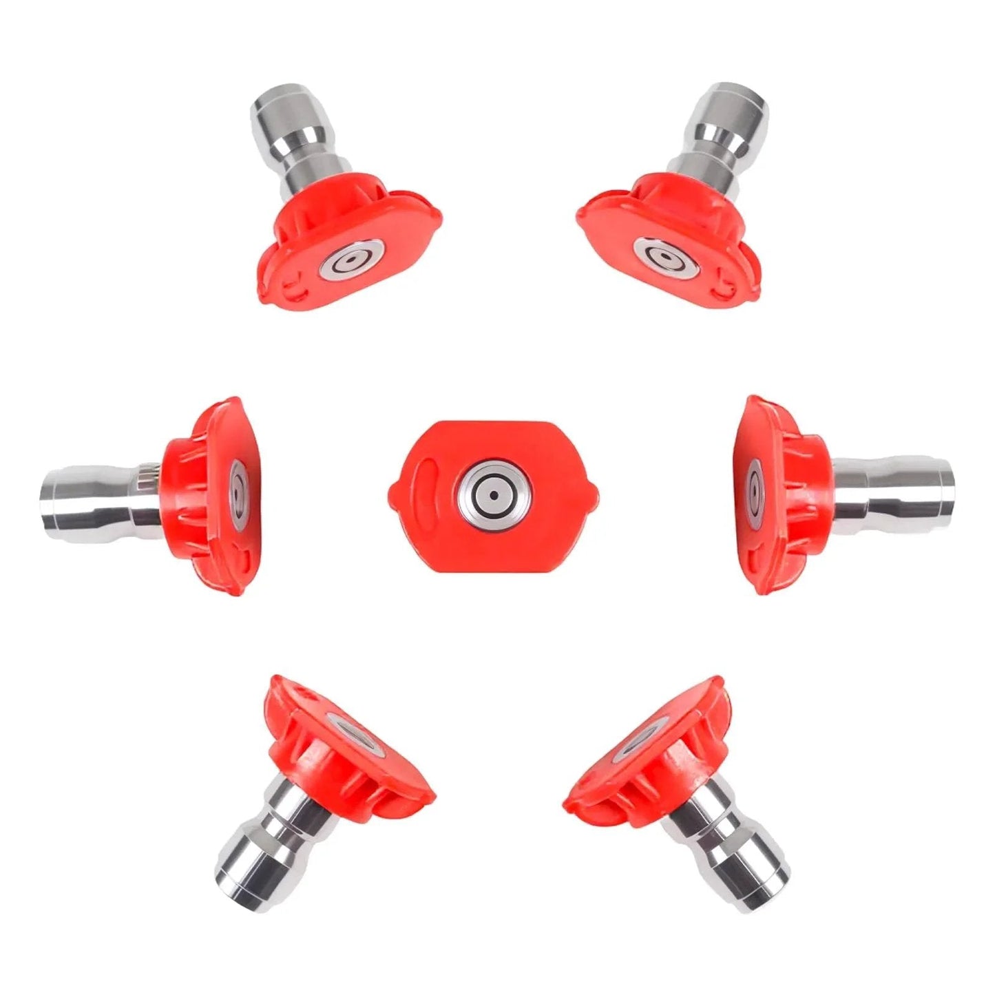 0 Degree Red Pressure Washer Nozzle With One Quarter Inch Quick Connect Seven Pack Replacement Nozzles For Power Washers Up To Four Thousand PSI Targets Hard To Reach Areas No Ladders Needed High Pressure Cleaning Kit