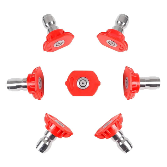 0 Degree Red Pressure Washer Nozzle With One Quarter Inch Quick Connect Seven Pack Replacement Nozzles For Power Washers Up To Four Thousand PSI Targets Hard To Reach Areas No Ladders Needed High Pressure Cleaning Kit