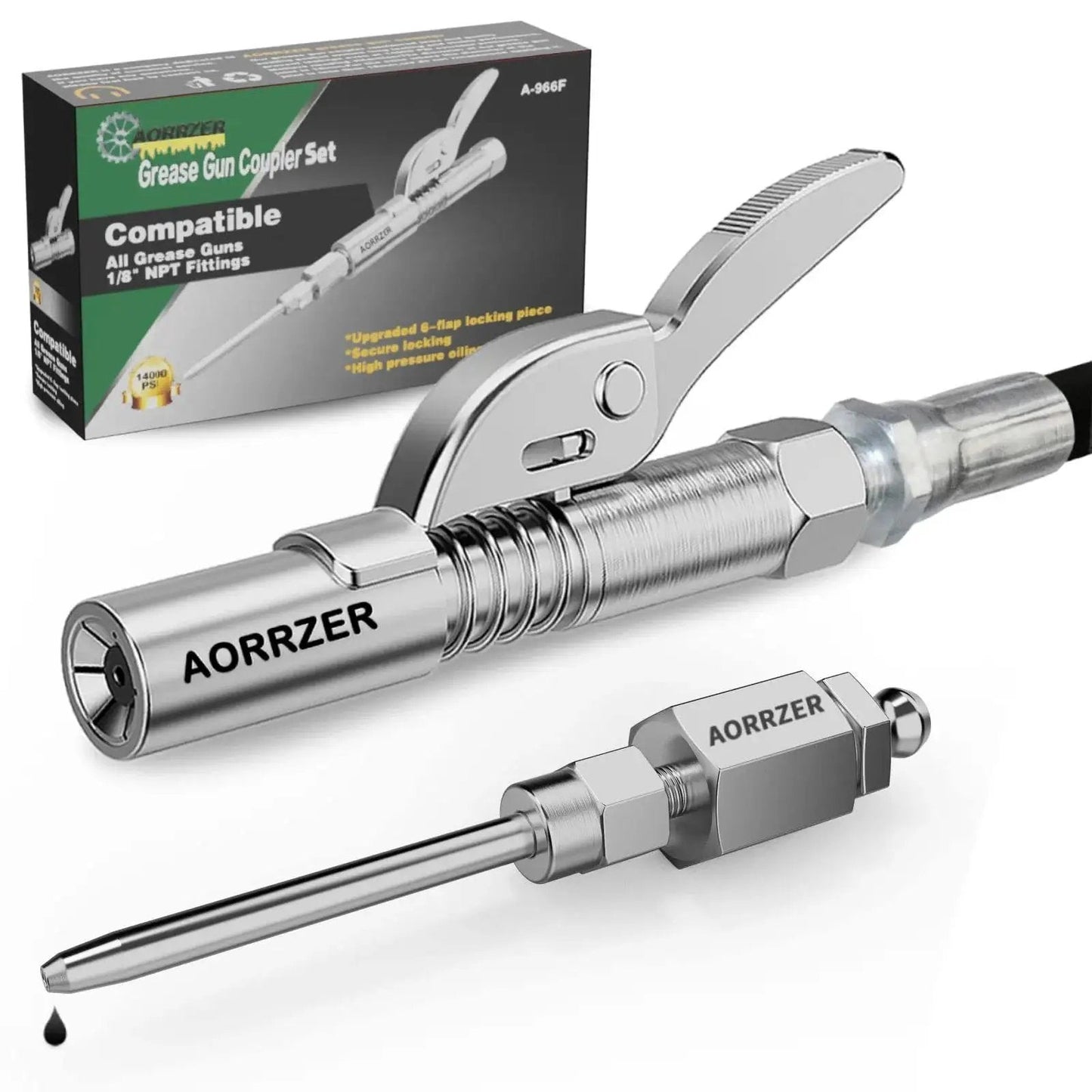 Versatile Grease Gun Needle Tip And Coupler Set For Deep Lubrication And Narrow Access, Includes Zerk Fittings, One Eighth Inch NPT Threads