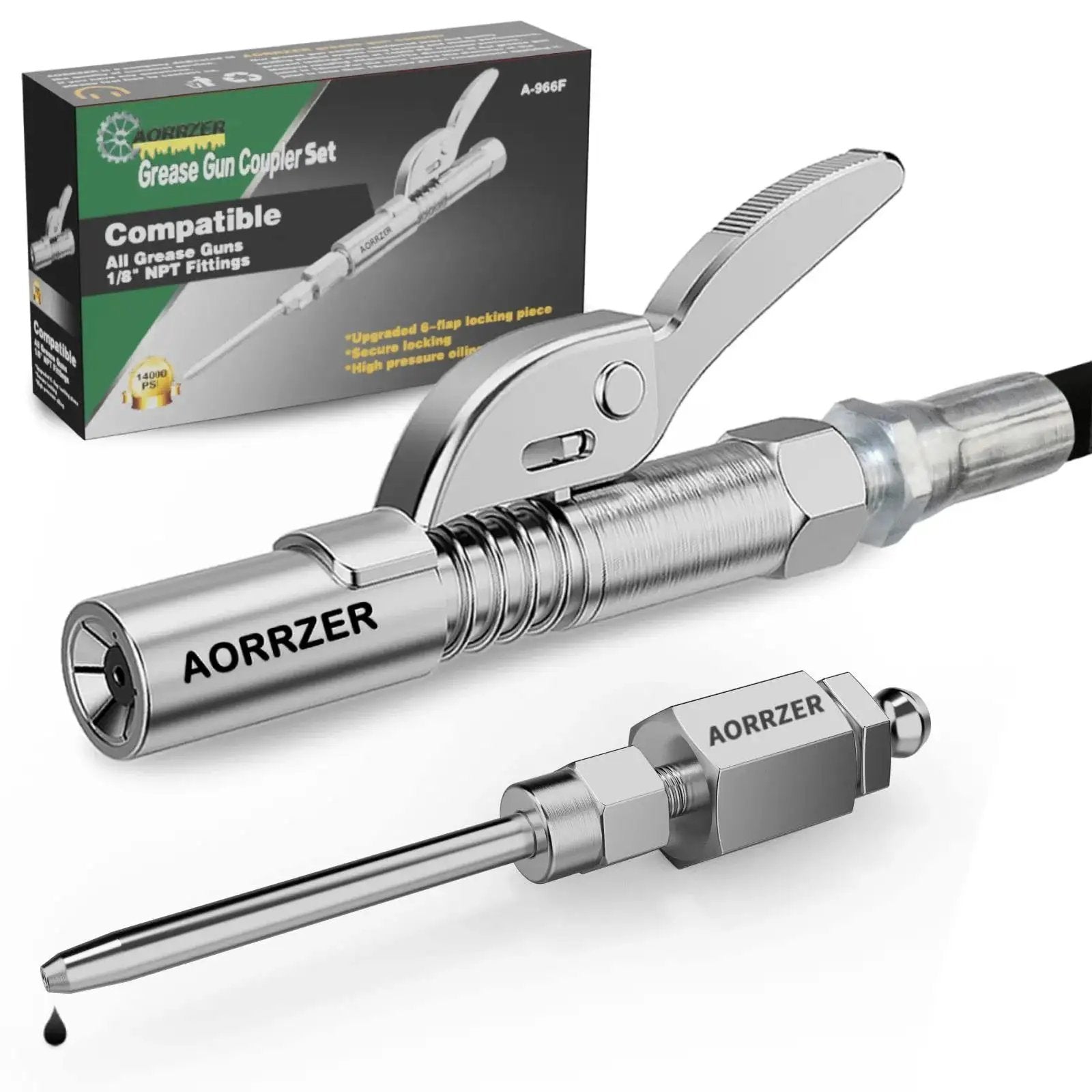 Versatile Grease Gun Needle Tip And Coupler Set For Deep Lubrication And Narrow Access, Includes Zerk Fittings, One Eighth Inch NPT Threads