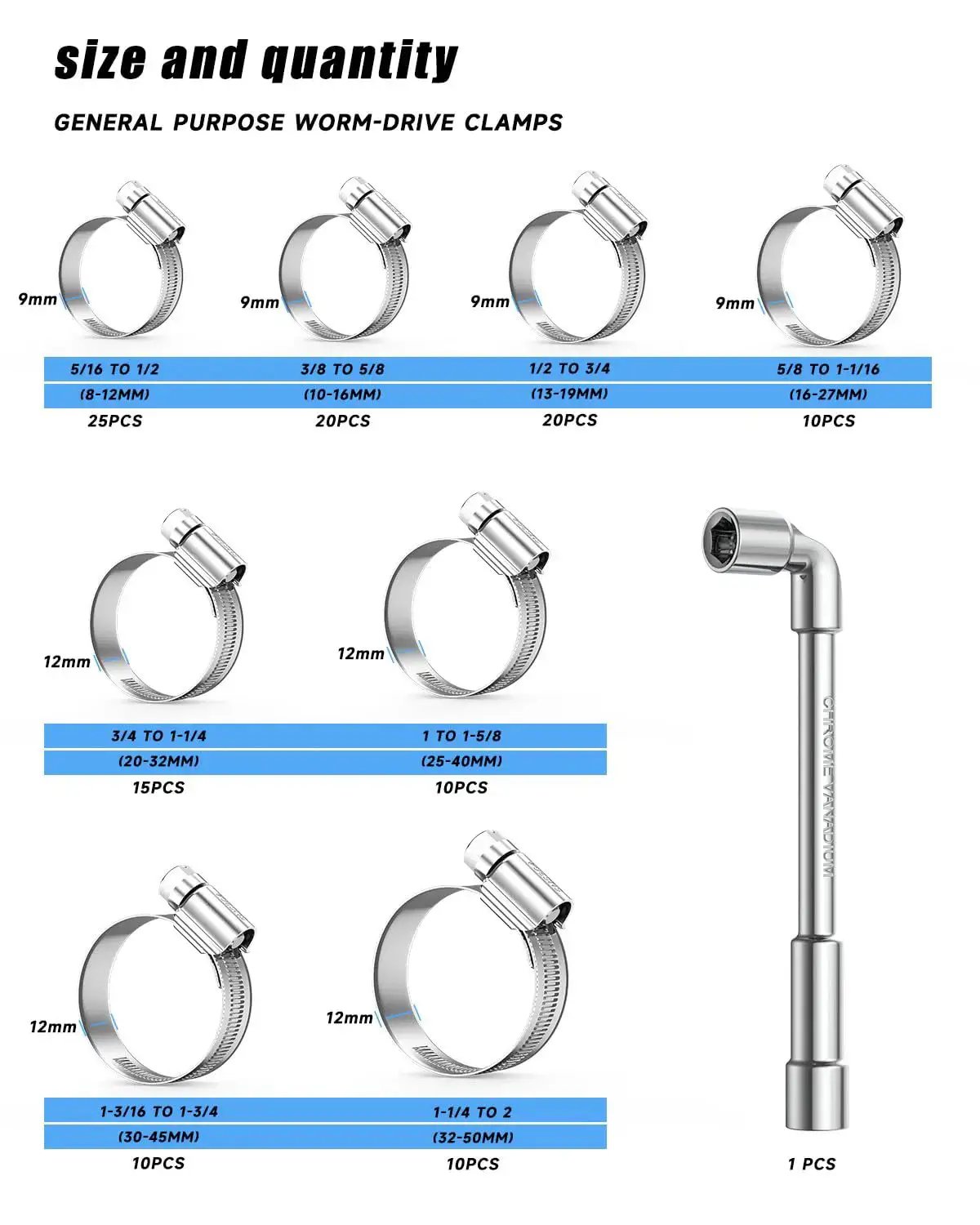 Heavy Duty 120Pc Hose Clamp Set With 304 Stainless Steel Worm Gear Drive Clamps, sizes 5/16 to 2 inch shown in rows
