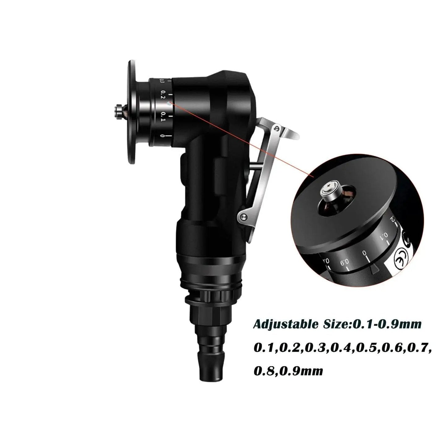 Portable Forty Five Degree Pneumatic Chamfering Tool for Metal and Wood with adjustable size 0.1-0.9mm viewed from side