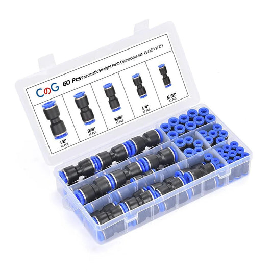 Quick Connect Air Hose Fittings Kit 60 Pieces for 5/32 1/4 5/16 3/8 1/2 Inch Tubing in carrying case viewed from above