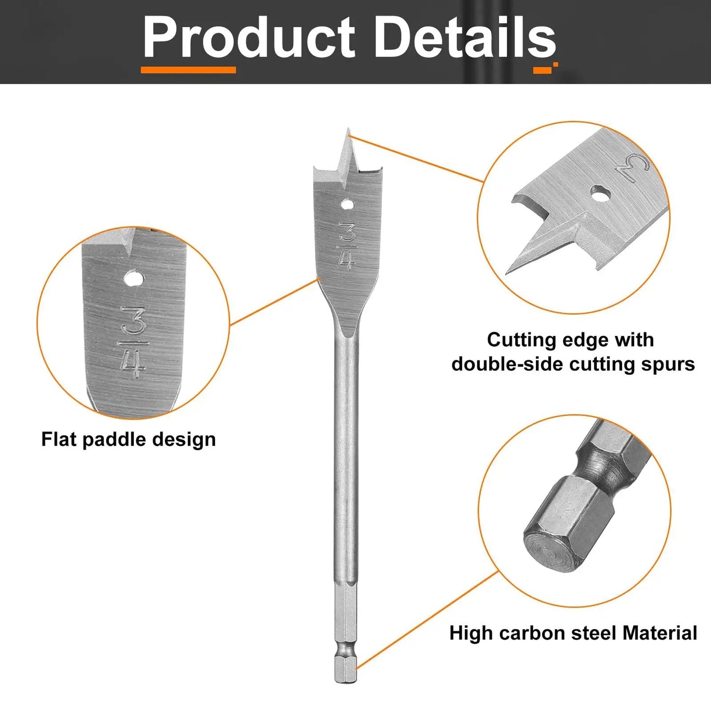 Three Piece Spade Drill Bit Set Three Quarter Inch Paddle Flat Bits For Woodworking With Quick Change One Quarter Inch Hex Shank Durable High Carbon Steel For Clean Wood Holes In Wood Fiberglass And Composite Materials Silver Tone showing flat paddle design, cutting edge, and shank details.