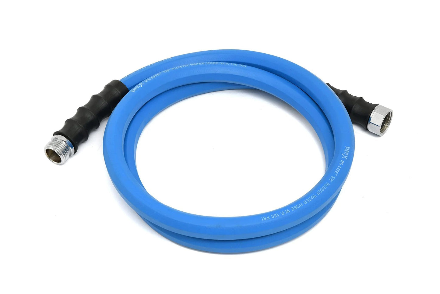 Ultra Light Rubber Garden Hose Three Quarter Inch Six Foot For Hot And Cold Water 500 PSI Maximum Pressure With Polyester Braided Construction Pro Grade And 100 Percent Rubber shown coiled.