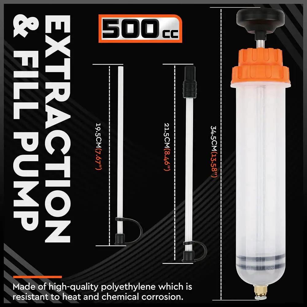 500cc Fluid Extractor for Automotive Use With Dual 7 Inch Hoses Vacuum Syringe, showing extraction and fill pump and hoses