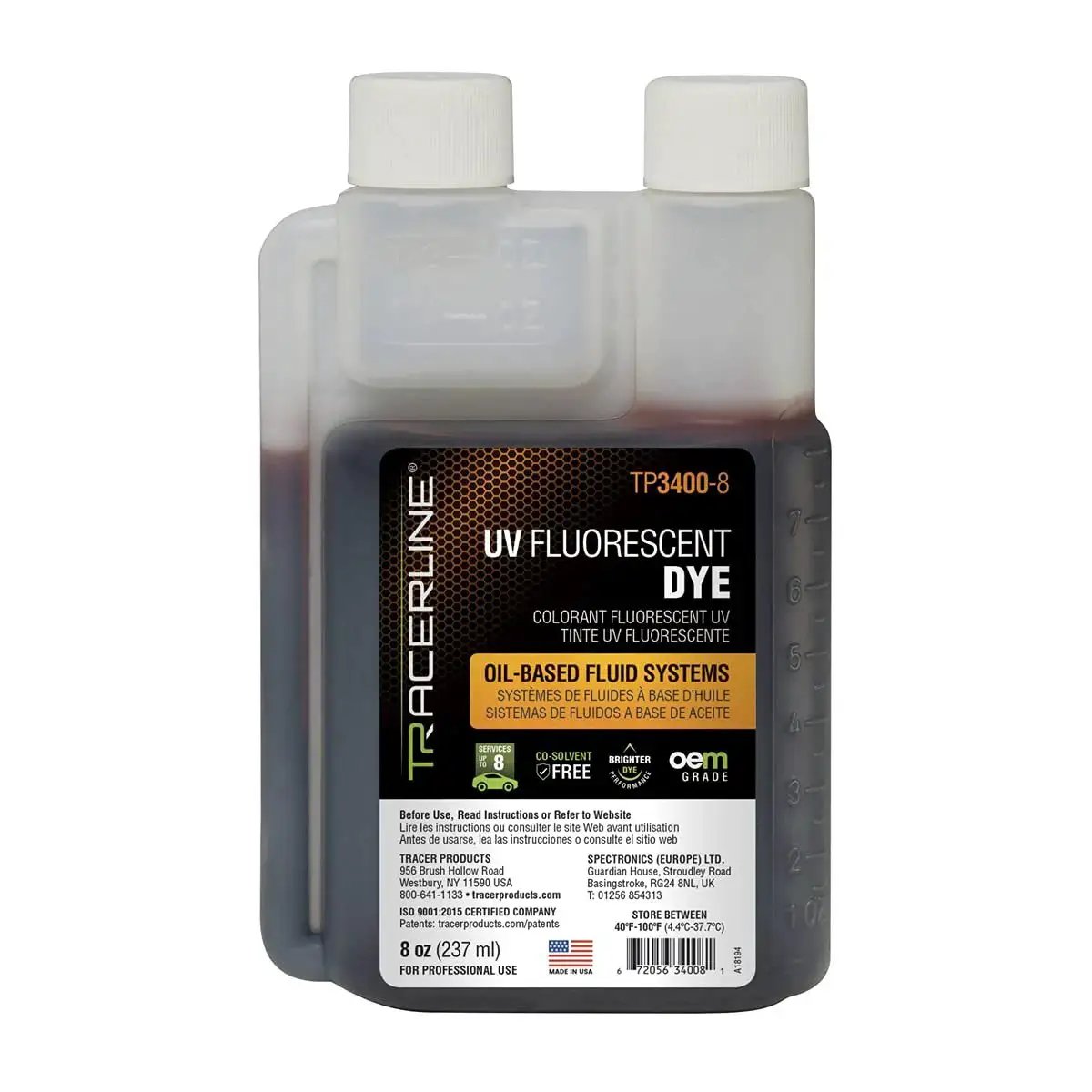 Front view of an 8 oz bottle labeled UV Fluorescent Dye for oil-based fluid systems, automotive leak detection dye heavy duty dark for quick diagnostics.