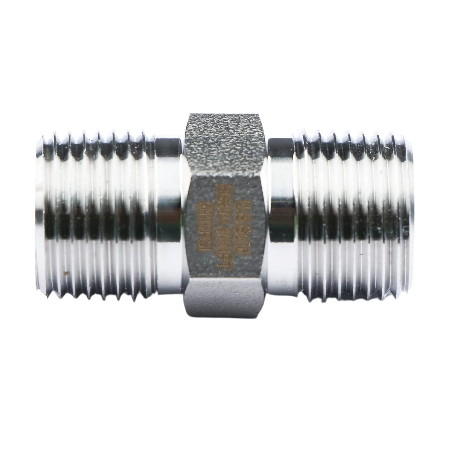 Heavy Duty 304 Stainless Steel Hex Nipple for High Pressure Systems, 6000 PSI, Three Eighths Inch NPT Male Thread Pipe Adapter