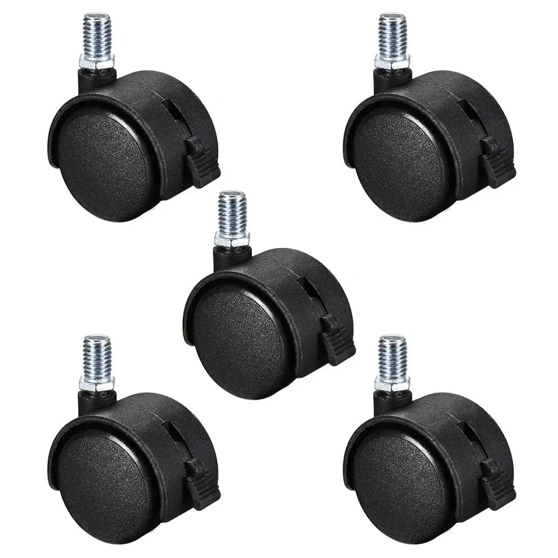 Twin Wheel Nylon Swivel Furniture Caster Set With 1.5 Inch Wheels And M10 X 15mm Threaded Stem Brakes, Non Marking Black Casters, 33lb Capacity