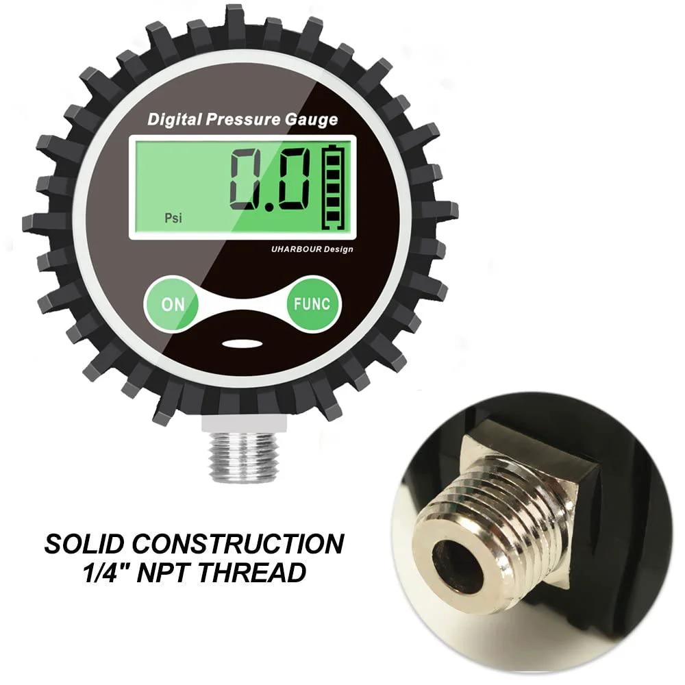 Digital Tire Pressure Gauge For Cars And Bikes With Rubber Protector And Quarter Inch NPT Bottom Connector Five To Two Hundred PSI Backlit LCD Auto Shutoff Battery Powered One Percent Accuracy Uharbour