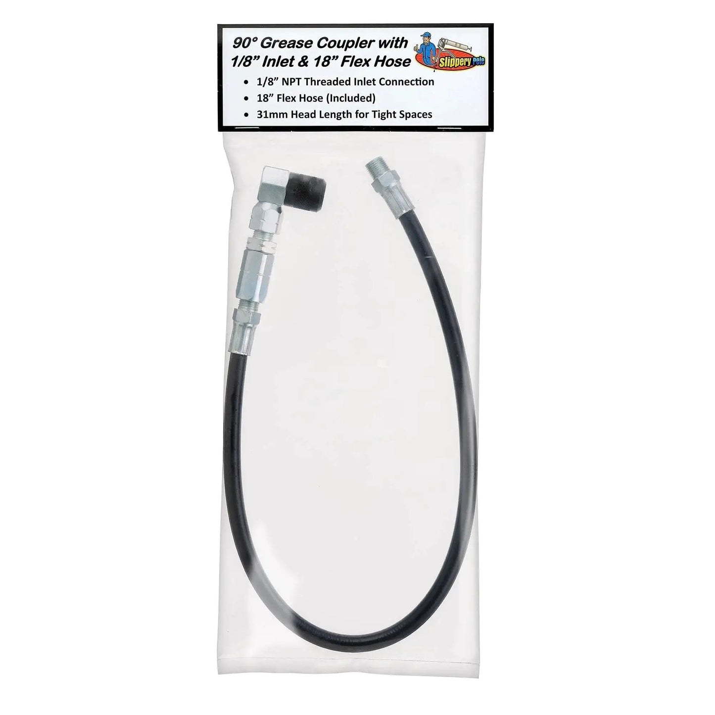 90 Degree Grease Gun Coupler With 18 Inch Flex Hose Threaded Inlet And Swivel Head For Hard To Reach Fittings 31mm Length Head