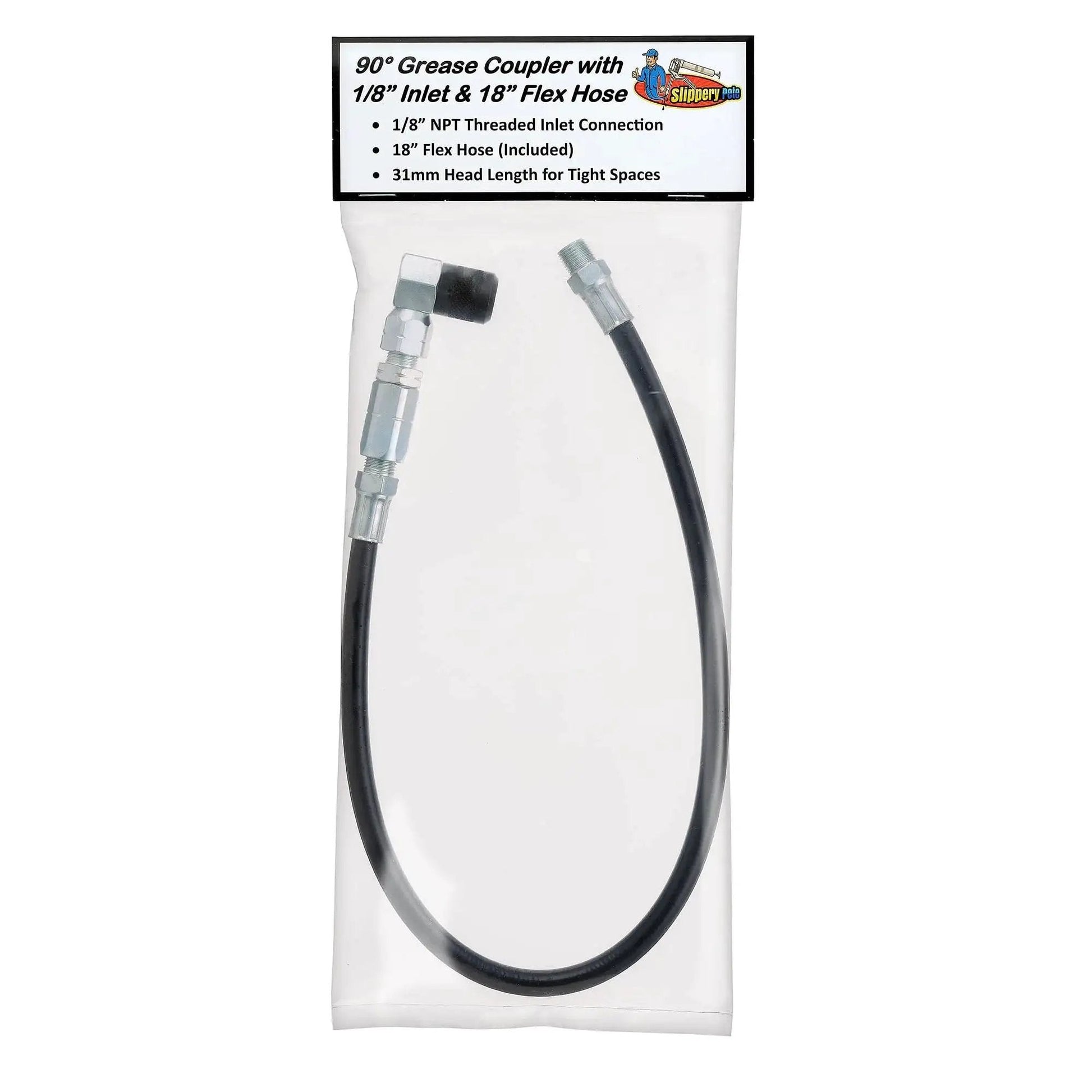 90 Degree Grease Gun Coupler With 18 Inch Flex Hose Threaded Inlet And Swivel Head For Hard To Reach Fittings 31mm Length Head