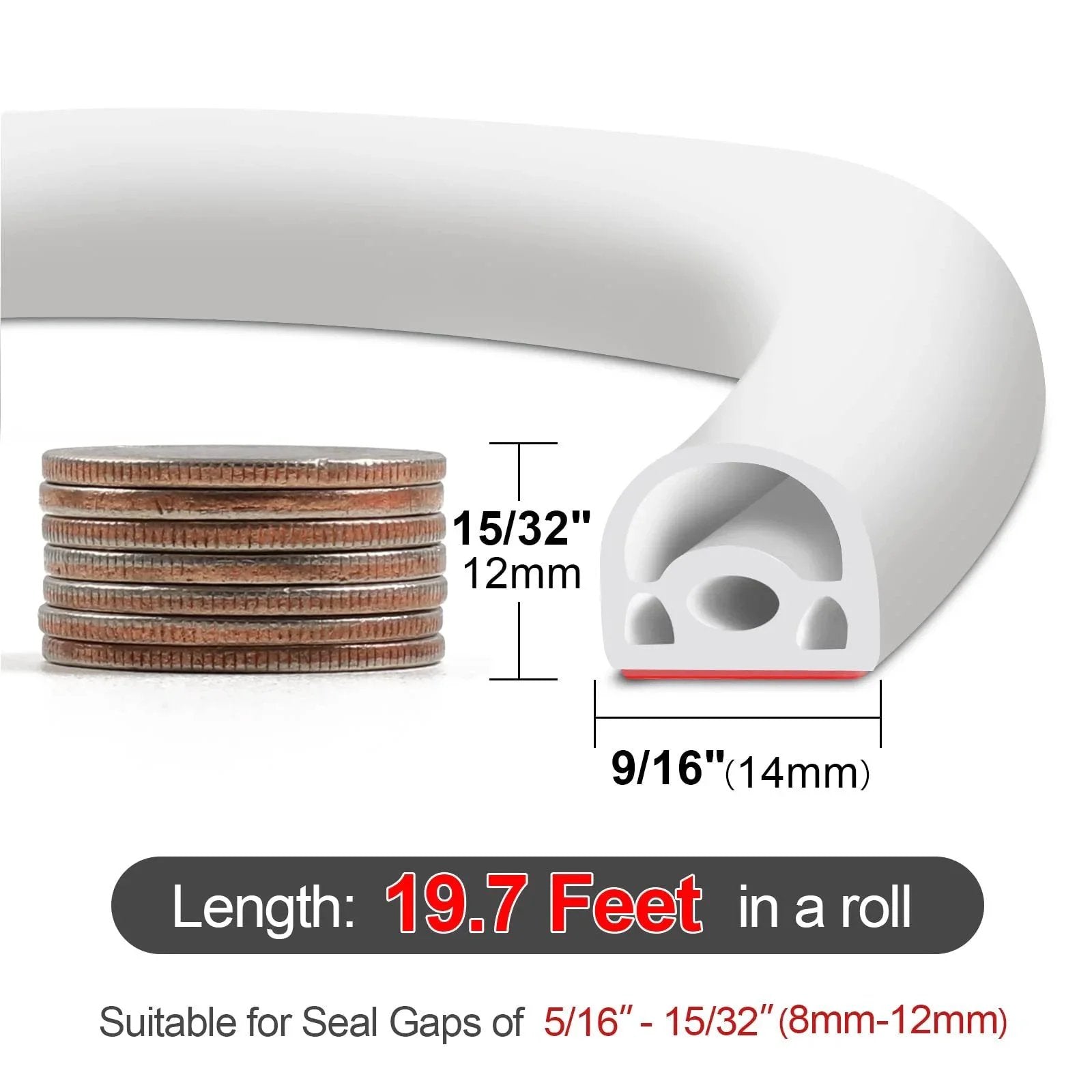 Close-up of New Upgrade 19.7 Ft Silicone Door Weather Stripping Seal for Doors and Windows with dimensions and coin stack.
