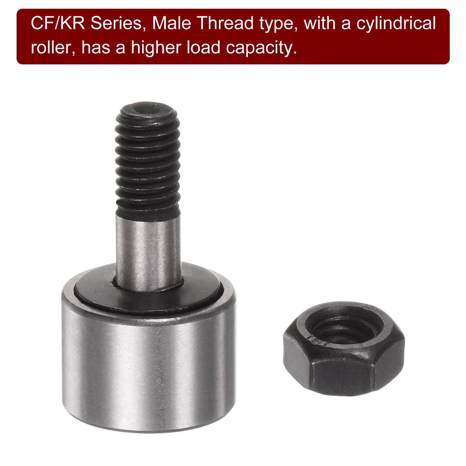 Cam Follower Needle Roller Bearing Set CF6 KR16 4 Pack M6x1 Thread 16mm Roller Diameter, metal stud type with nut.
