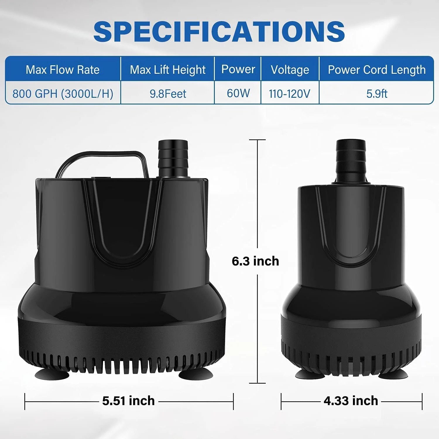 Bottom Suction Submersible Pump 800 GPH 60W With 9.8 Ft Lift And 3 Nozzles For Fountain Use next to specifications chart