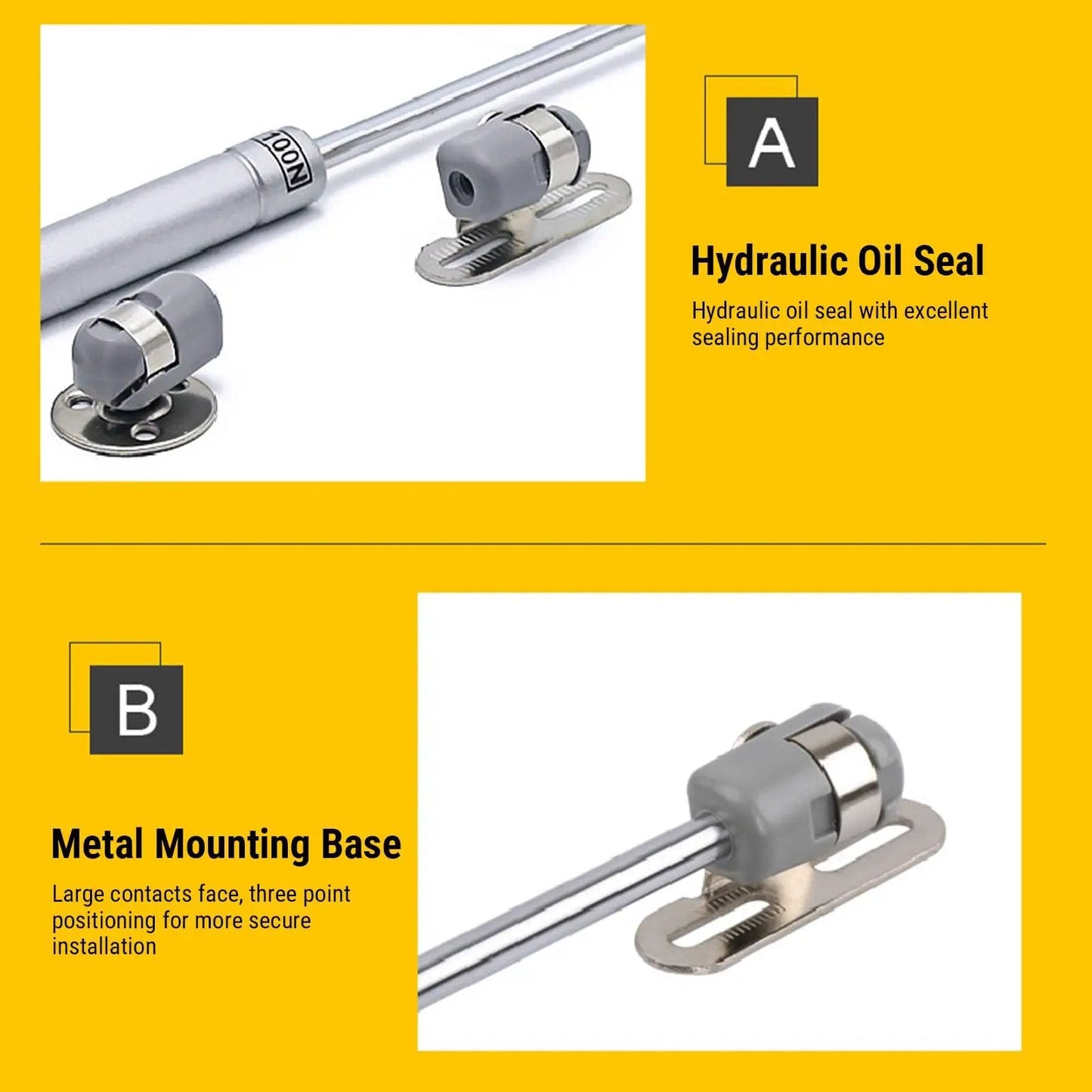Close-up of Soft Close Gas Stay Hinges for Cabinets and Storage Boxes, 2 Pack, 150N Lift Support With Thick Zinc Alloy Connector
