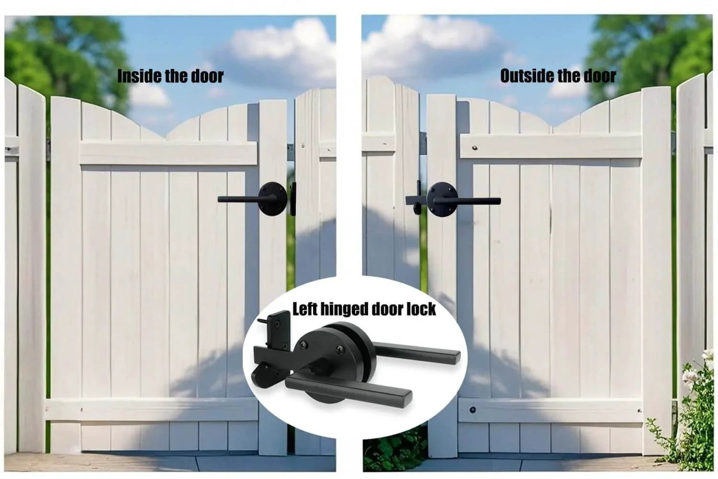 Double Sided Gate Latch for Wooden Fence And Wood Gate Heavy Duty Swinging Door Latch Self Locking Gate Hardware For Wood Gates Left Hinged Door Handle Adjustable For Various Door Thicknesses installed view