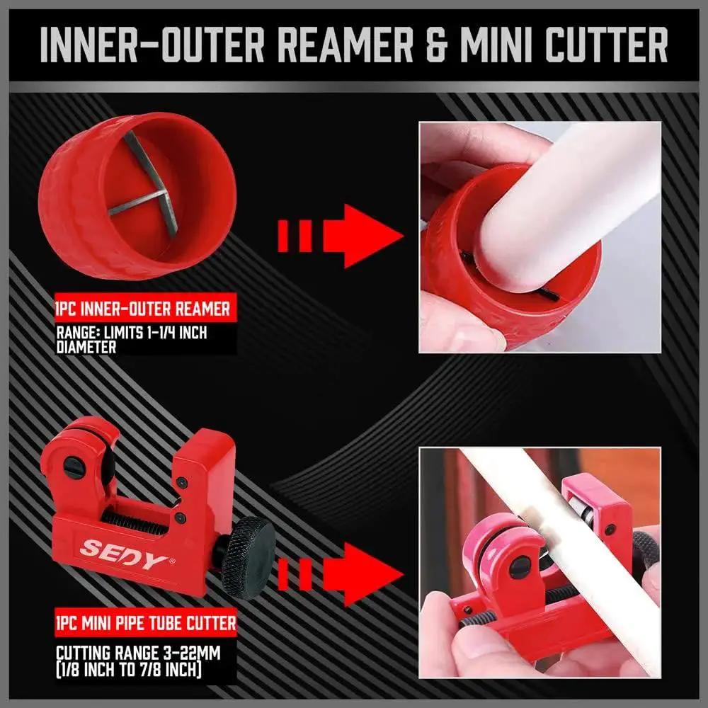 Heavy Duty Tube Cutter Set With Six Bearing System And Deburring Tool For Copper, Aluminum, And PVC Pipes 3/16 To 2 Inch OD Cutter Mini 1/8 To 7/8 Inch Tube Cutter Precision Cutting For Pros showing inner-outer reamer and mini cutter details.
