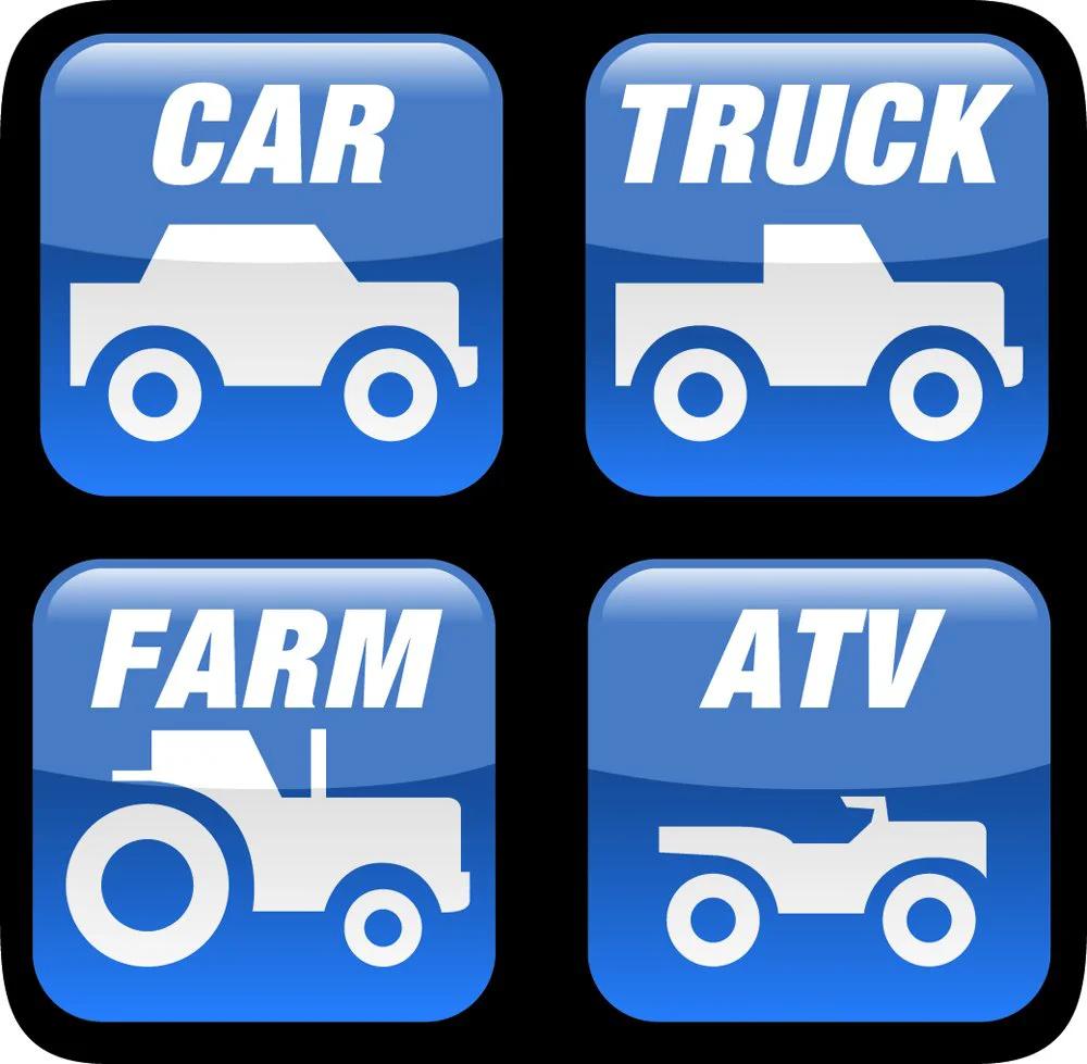 Illustration of vehicle icons for car, truck, farm tractor, and ATV on blue background, representing universal fit and compatibility.