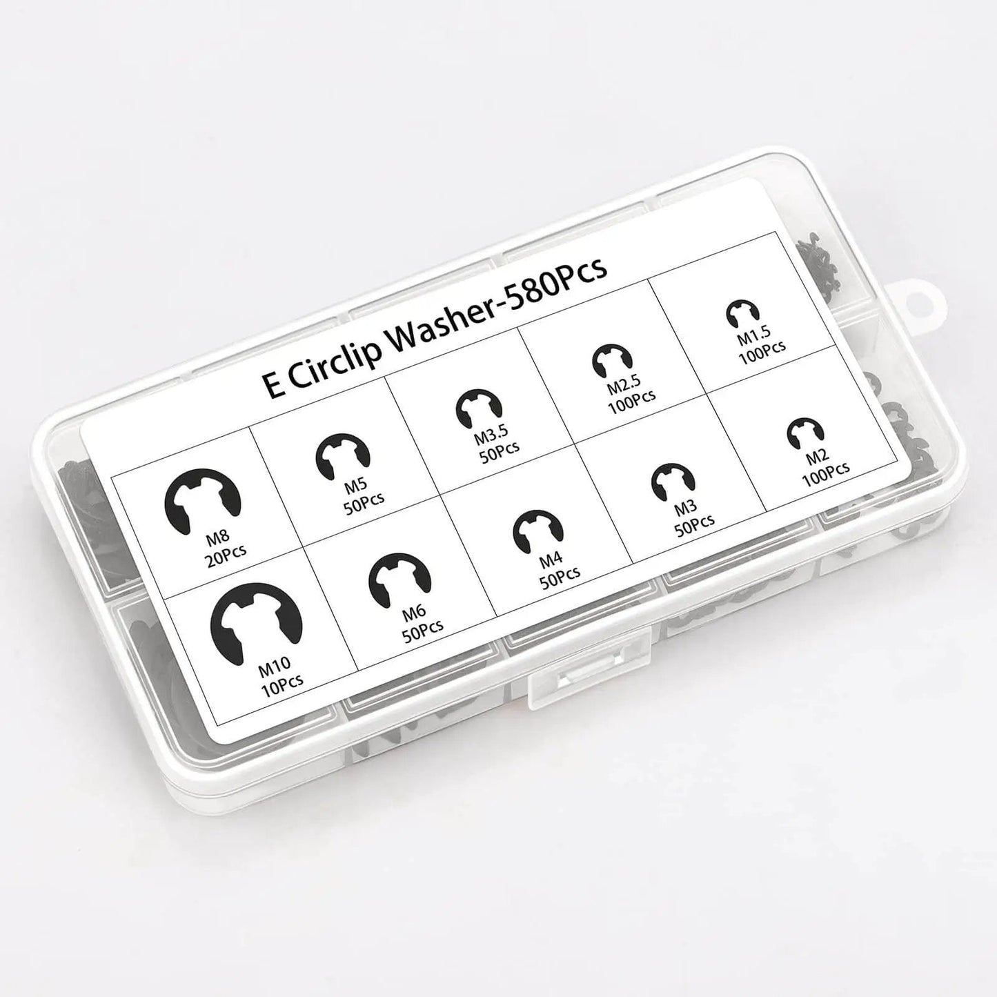 580 Piece Black Alloy Steel E Clip Set With 10 Size Assortment M1.5 To M10 for bearings, in a labeled storage box