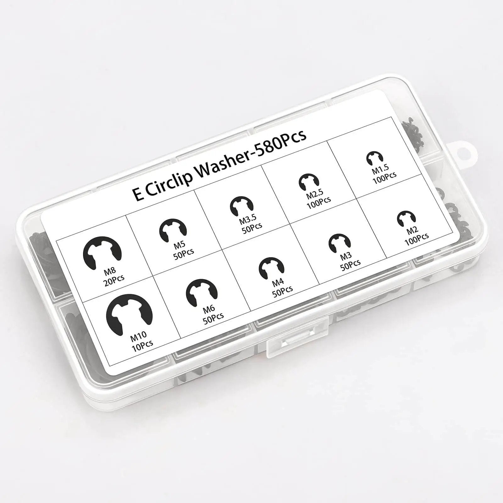 580 Piece Black Alloy Steel E Clip Set With 10 Size Assortment M1.5 To M10 for bearings, in a labeled storage box