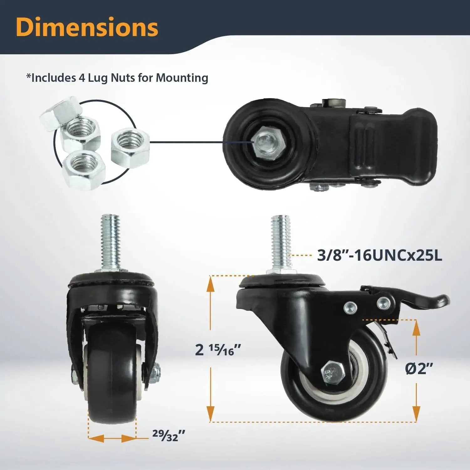 Two Inch Caster Wheels Set Of Four With 360 Degree Swivel And Dual Locking Brakes dimensions and lug nuts included