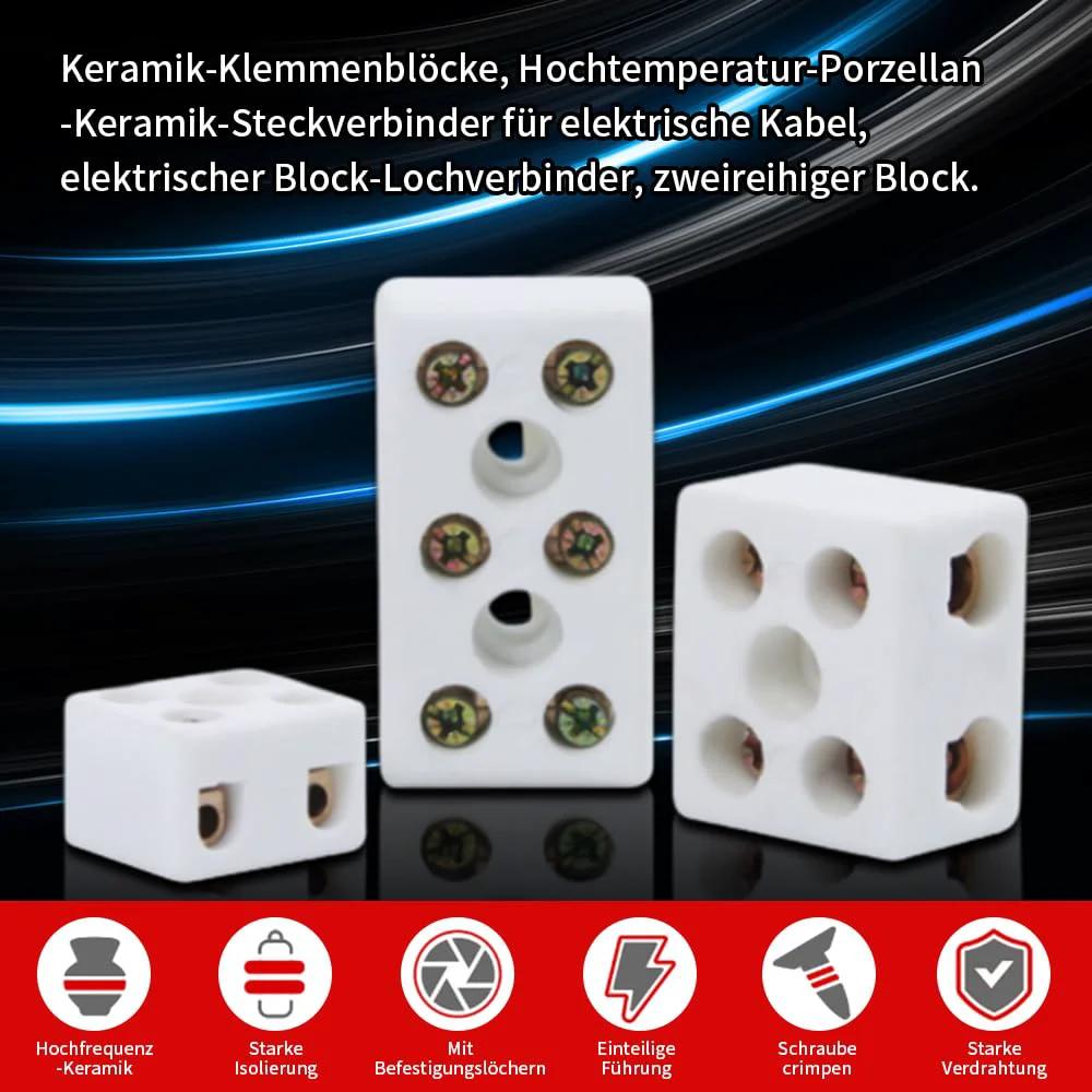 One Way Ceramic Terminal Block 10A 250V High Temp Porcelain Connector With 2.5mm Inlet For Electric Wire Cable 20 Pack Copper Contacts Built Tough For Stable Performance In Harsh Heat Wiring Projects, showing front and side views of white ceramic blocks