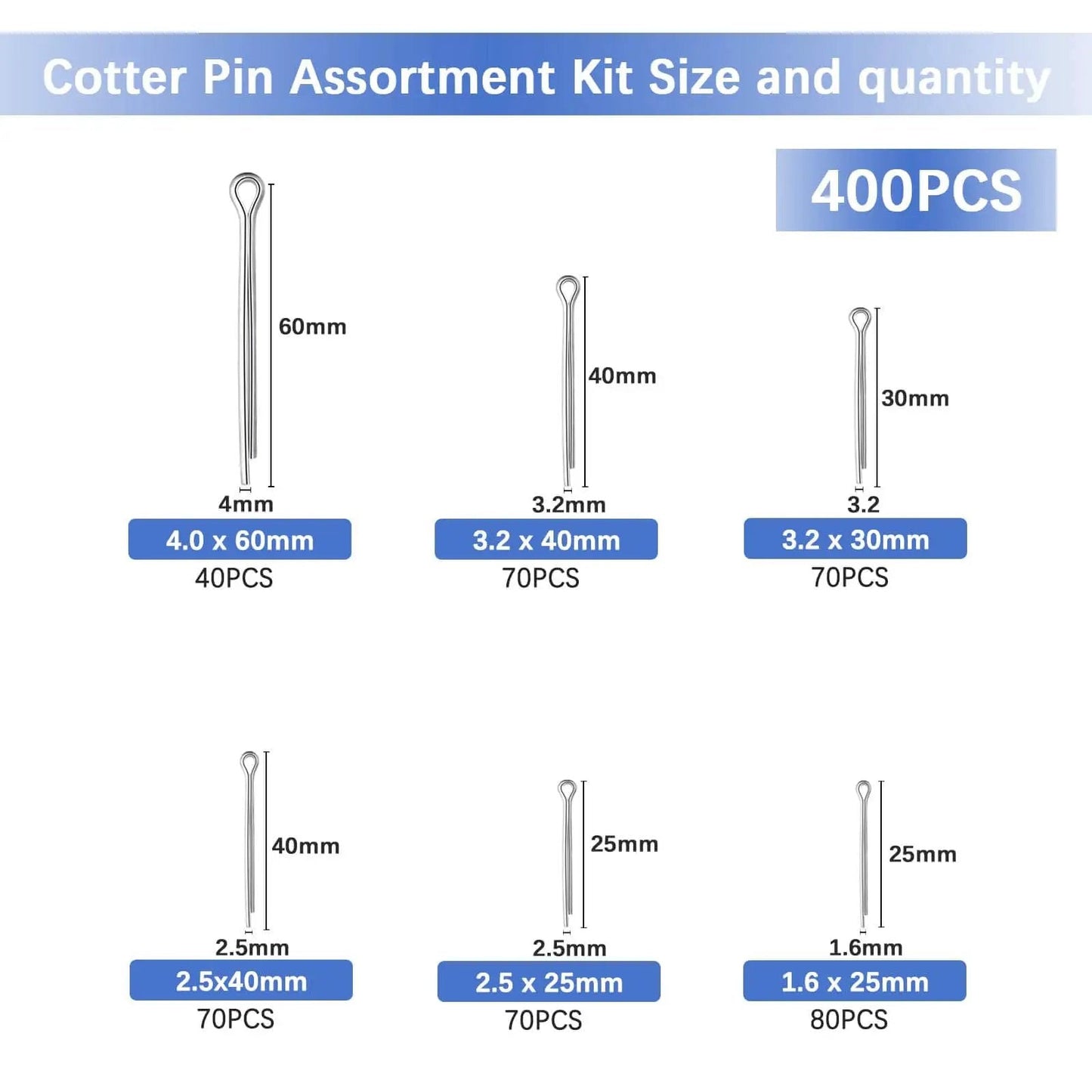 Image showing 400 hairpin cotter pins in assorted sizes for 620 Pcs Cotter Pins Assortment Kit With Hairpin Cotter Pins And R Clips In 12 Sizes.