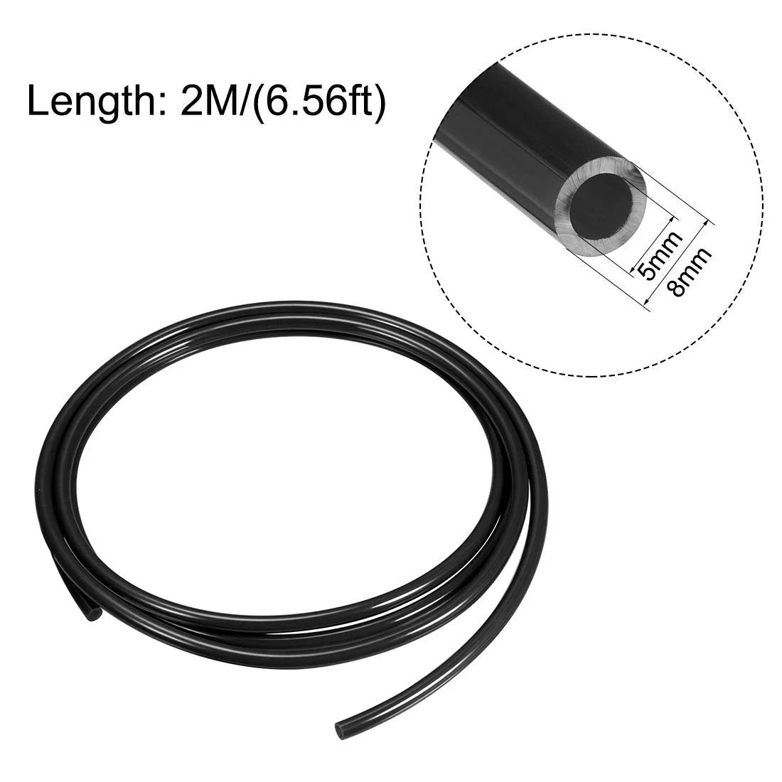 Durable 8mm OD By 5mm ID PU Pneumatic Air Tubing Hose, 2m Length, black polyurethane coil with size detail inset.