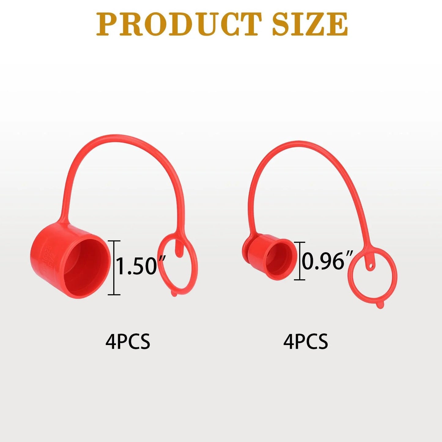 Dust Cap And Plug Kit For Half Inch Flat Face Hydraulic Quick Connect Couplers Includes Four Male And Four Female Rubber Covers Universal Fit For Skid Steer Bobcat Attachments showing product size and quantity