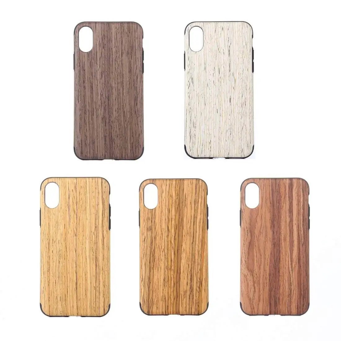 Five wooden texture smartphone cases in various shades ranging from light to dark brown, displayed on a white background.