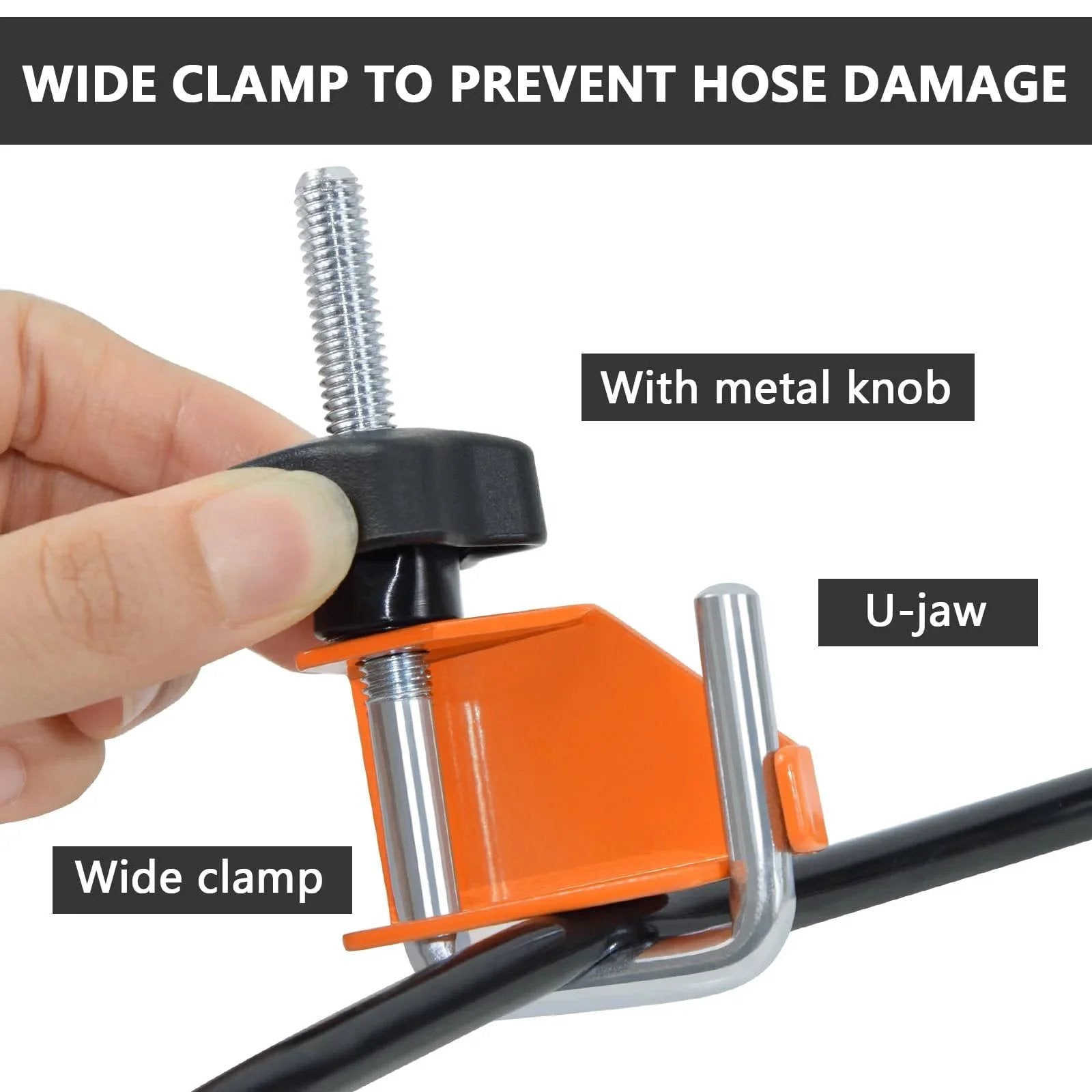 Close-up of a wide clamp with a metal knob and U-jaw from the 4 Piece Hose Pinch Off Pliers Set For Fuel Line Coolant Radiator Brake Hoses Automotive Clamp Pliers Durable Tool For Precise Fluid Control And Leakage Prevention In Vehicle Maintenance Ideal For Automotive Repair Shops And DIY Enthusiasts.