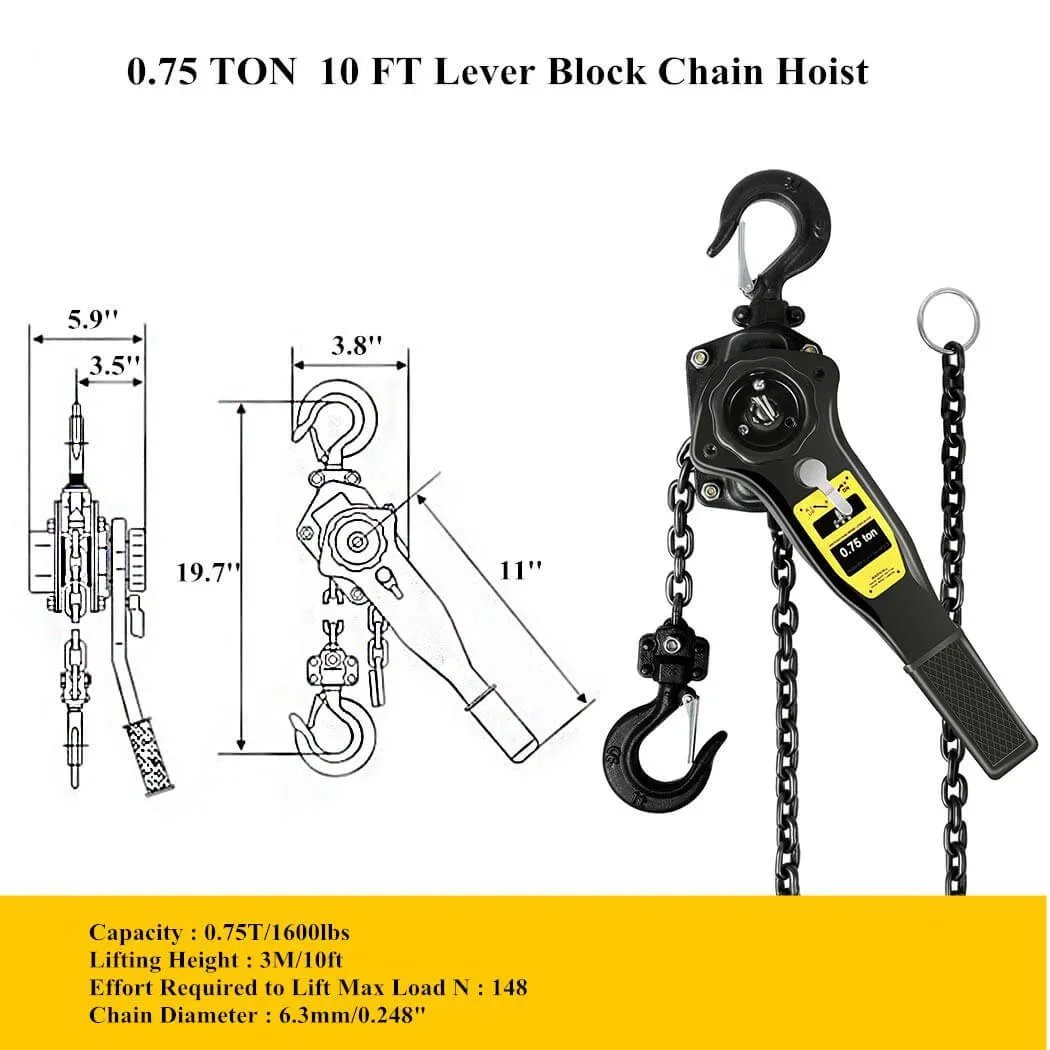 Manual Lever Hoist Come Along Three Quarters Ton Capacity 1650 Lbs, Ten Ft Lift, Two Heavy Duty Hooks, Commercial Grade Steel