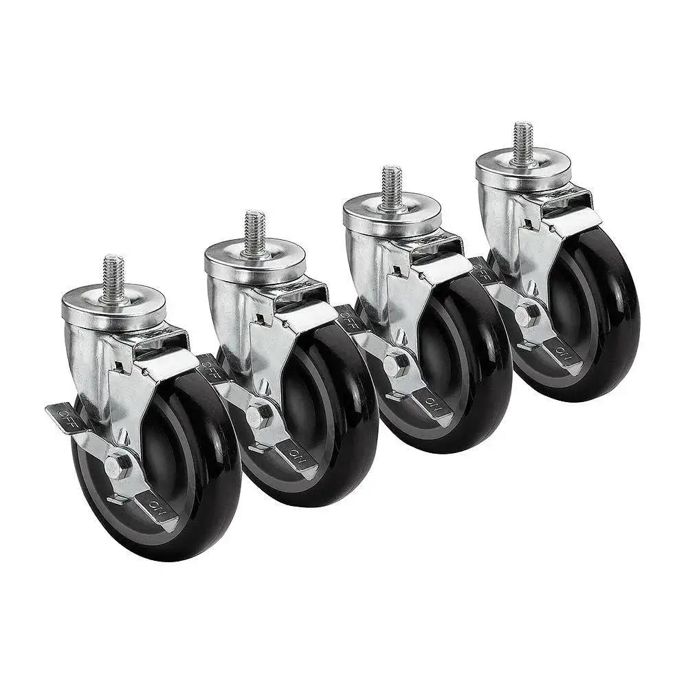 Threaded Stem Caster Set With Side Brakes 5 Inch Wheels Heavy Duty 220 Pound Capacity Per Caster 6 Inch Overall Height Set of Four