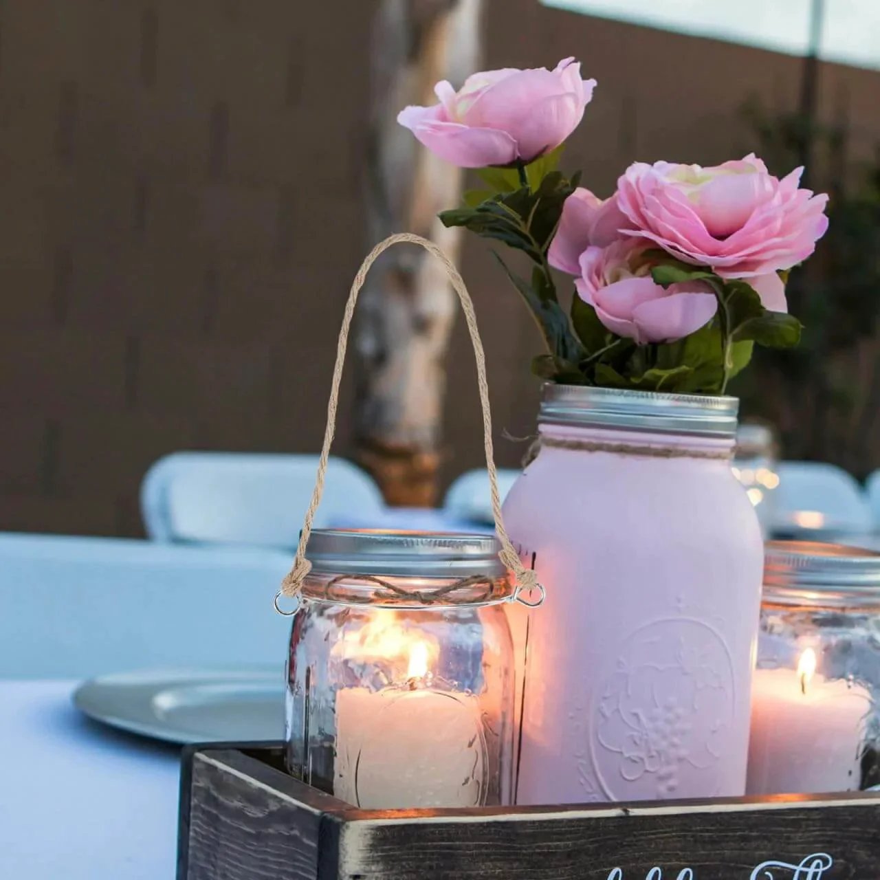 5 Pcs Metal Jar Handles And Wire Hangers For Mason Jars With Universal Hemp Rope on table with candles and flowers