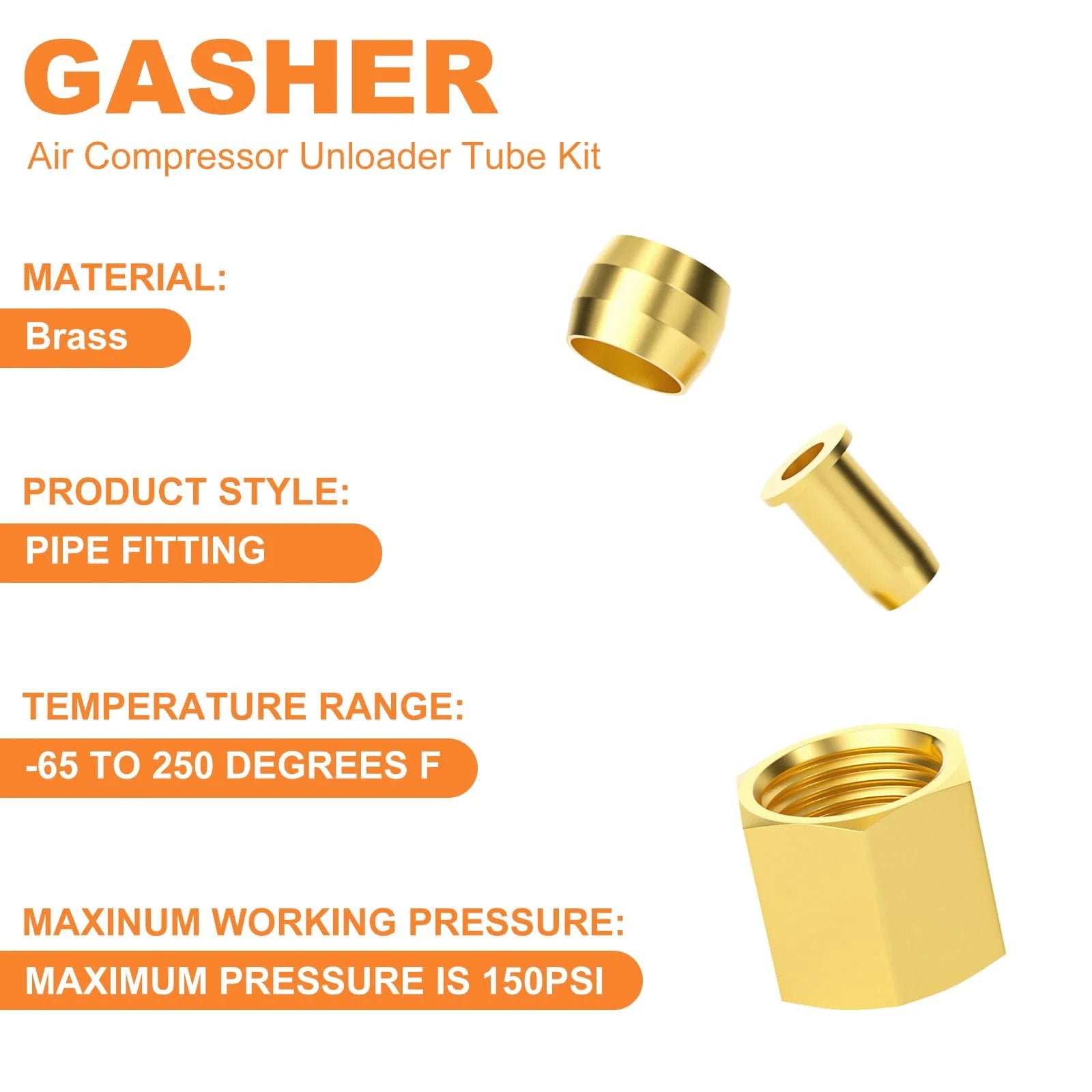 Air Compressor Unloader Tube Kit Gasher brass components, including sleeve, insert, and nut, shown separately