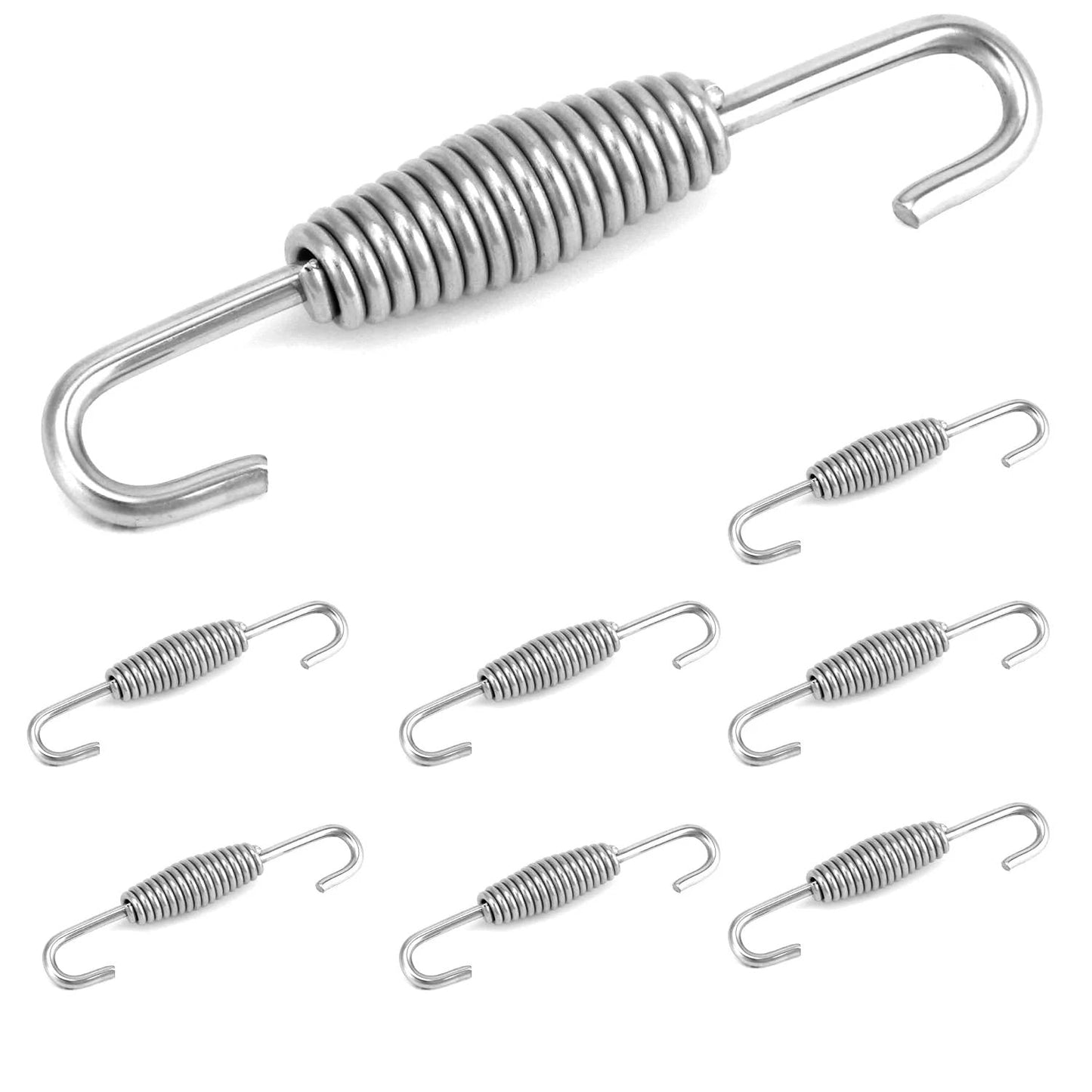 Premium Stainless Steel Motorcycle Exhaust Springs 8 Pack With Swivel Hook Design Anti Binding 68mm 2.68 Inch For Muffler Pipes Built Tough Durable Fitment By QWORK shown in a group of eight, highlighting durable stainless steel and swivel hook design.