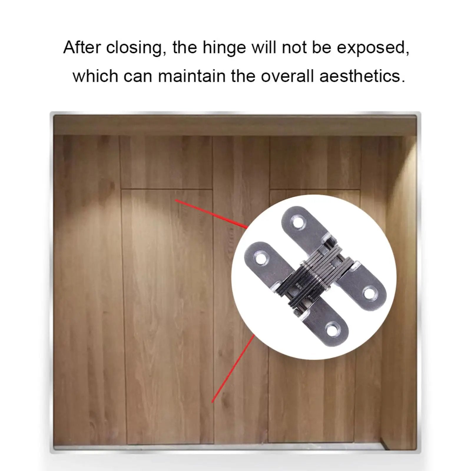 Hidden Door Hinge 6 Pack Stainless Steel Cross Hinges 180 Degree Invisible Gate Hinge installed on wooden door