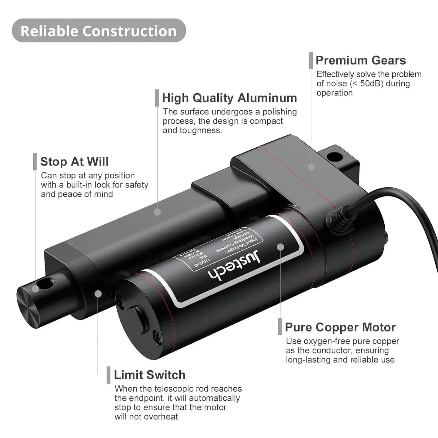 Close-up of Justech Built-Tough 12V Linear Actuator with high quality aluminum and pure copper motor, 660 lbs capacity, silent operation.