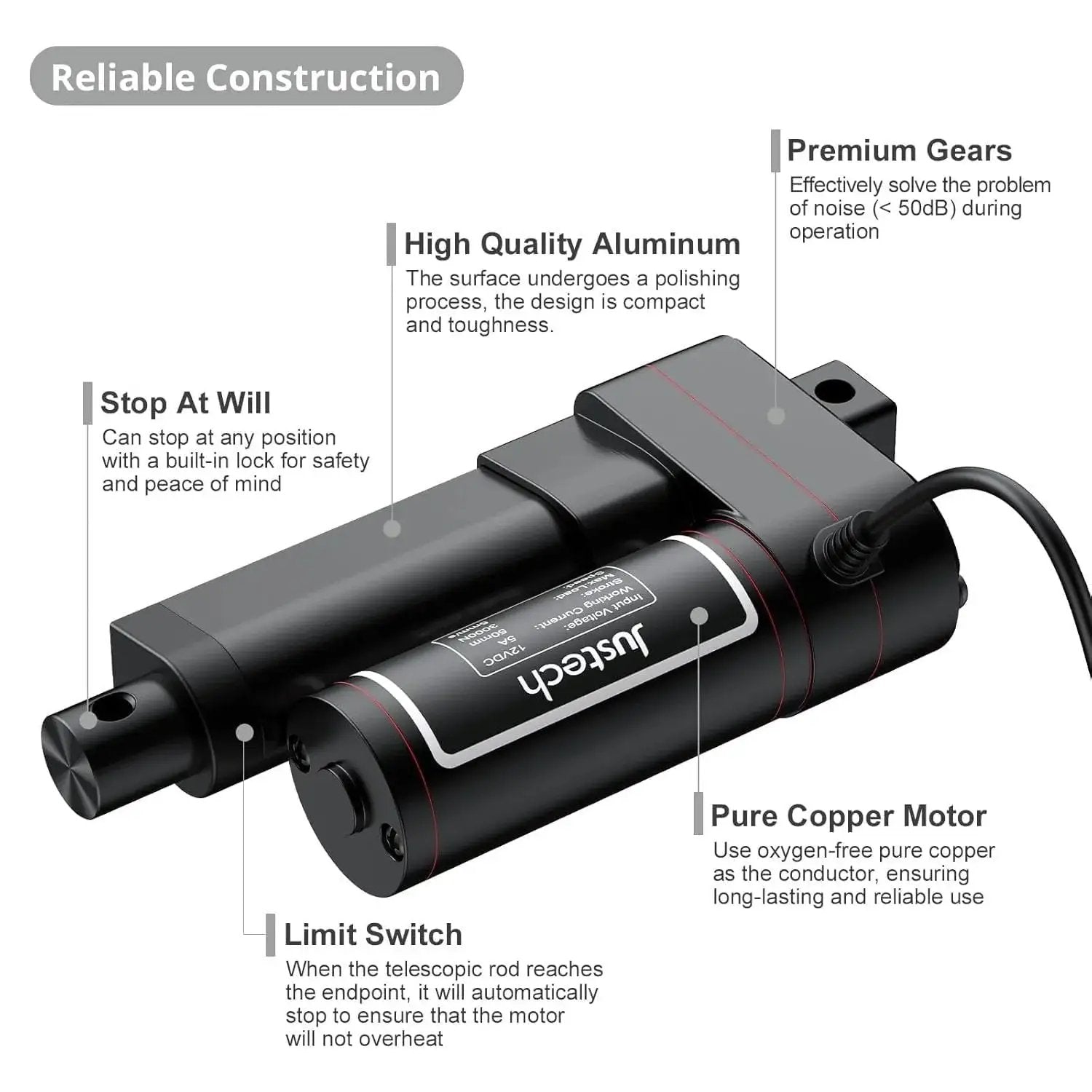Close-up of Justech Built-Tough 12V Linear Actuator with high quality aluminum and pure copper motor, 660 lbs capacity, silent operation.