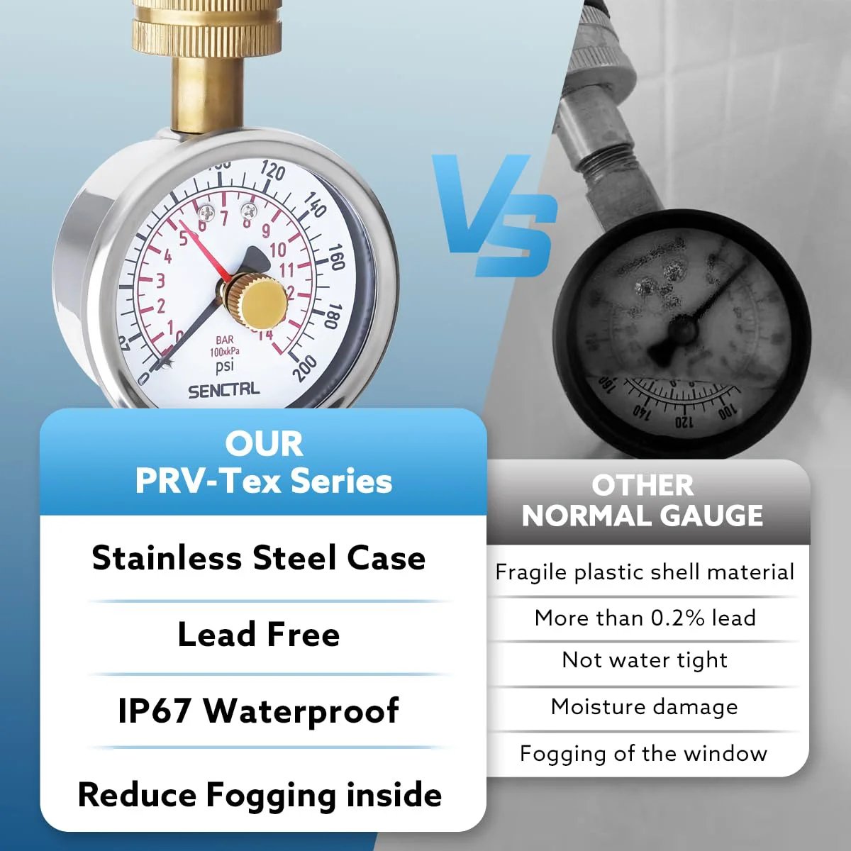 Comparison of Water Pressure Gauge For Home Use 0-200 PSI With 2.5 Inch Dial Lead Free Stainless Steel Case IP67 Waterproof and a standard plastic gauge.